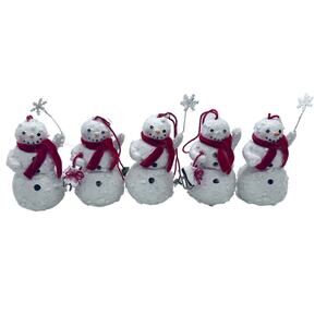Set of 5 Glitter Snowmen with Red Scarves, Ice Skates & Snowflakes - 3” Vintage